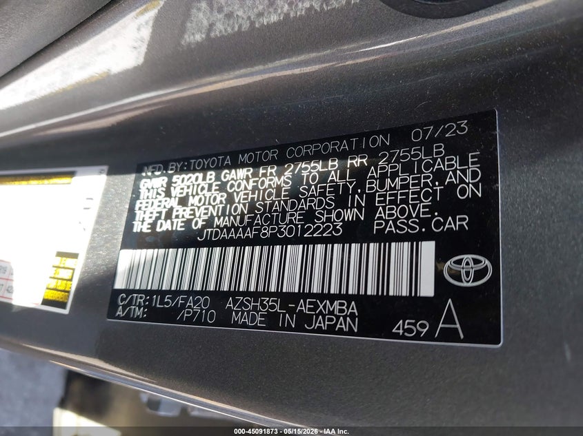 2023 Toyota Crown VIN JTDAAAAF8P3012223 IAAI salvage auction — HAIL, Salvage Title, sold $6,200 on 2026-07-28 (photo 9)