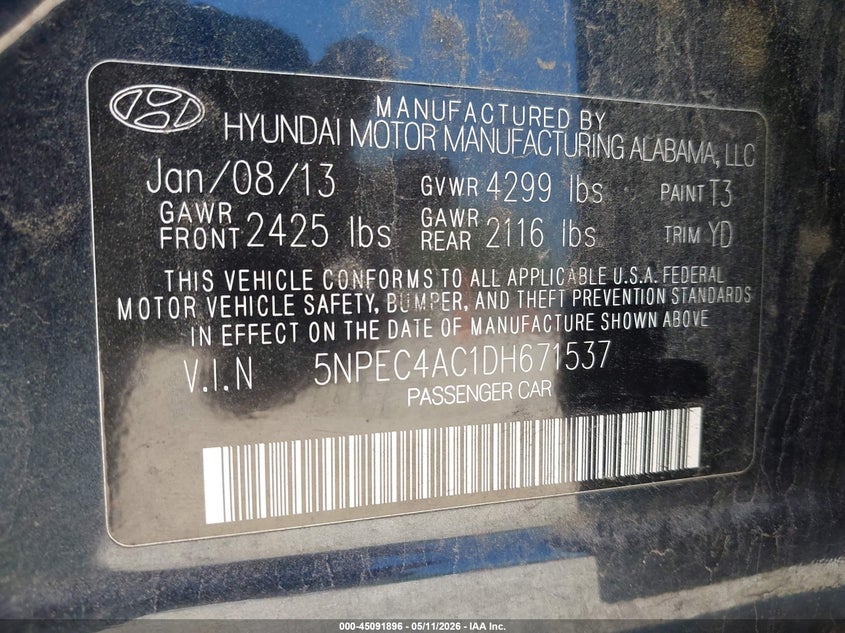 2013 Hyundai Sonata VIN 5NPEC4AC1DH671537 IAAI salvage auction — HAIL, Clear (Missouri), sold $575 on 2026-07-13 (photo 9)