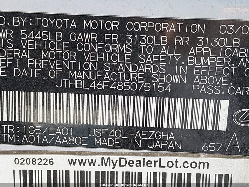 2008 Lexus Ls 460 VIN JTHBL46F485075154 IAAI salvage auction — HAIL, Salvage (Missouri), sold $675 on 2026-07-20 (photo 9)