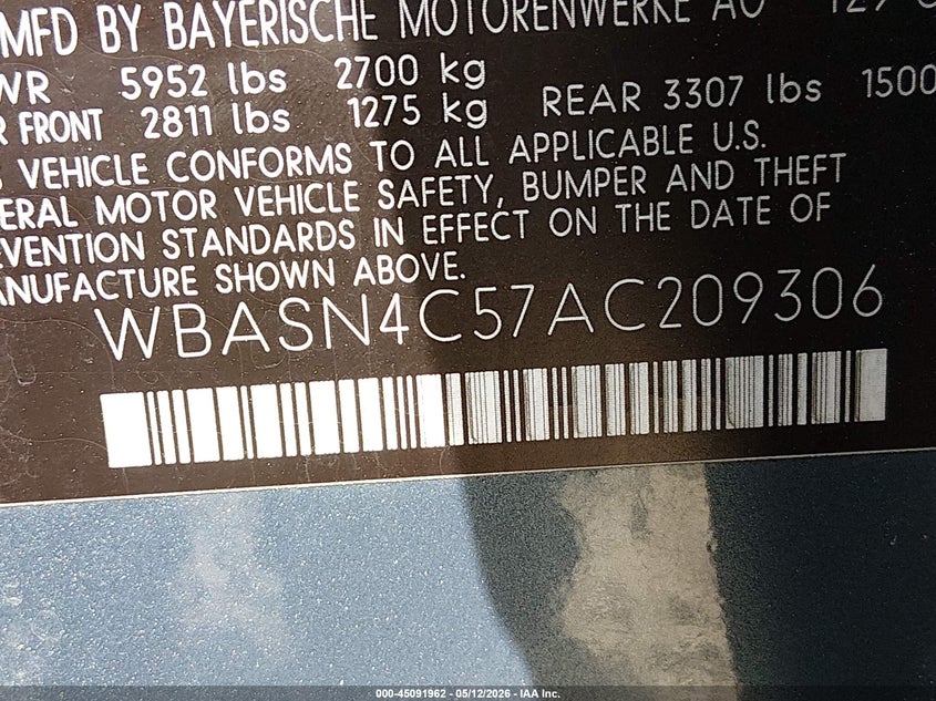 2010 BMW 5er VIN WBASN4C57AC209306 IAAI salvage auction — NORMAL WEAR, Clear-Dealer Only (Montana), sold $25 on 2026-07-29 (photo 9)