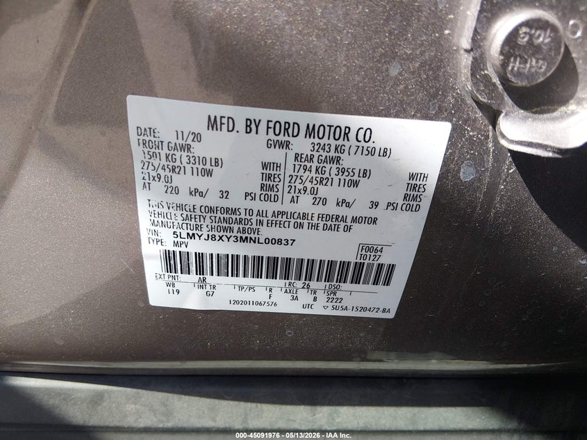 2021 Lincoln Aviator VIN 5LMYJ8XY3MNL00837 IAAI salvage auction — REAR END, Salvage (North Carolina), sold $9,900 on 2026-07-29 (photo 9)