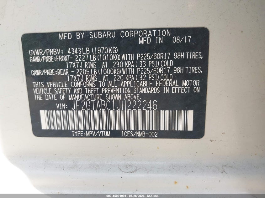 2018 Subaru Xv VIN JF2GTABC1JH222246 IAAI salvage auction — HAIL, Salvage (Iowa), sold $7,700 on 2026-07-06 (photo 9)