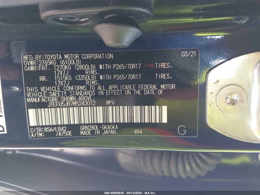 2021 Toyota 4runner VIN JTEFU5JR7M5243012 IAAI salvage auction — LEFT SIDE, Salvage (Texas), sold $6,100 on 2026-07-22 (photo 9)