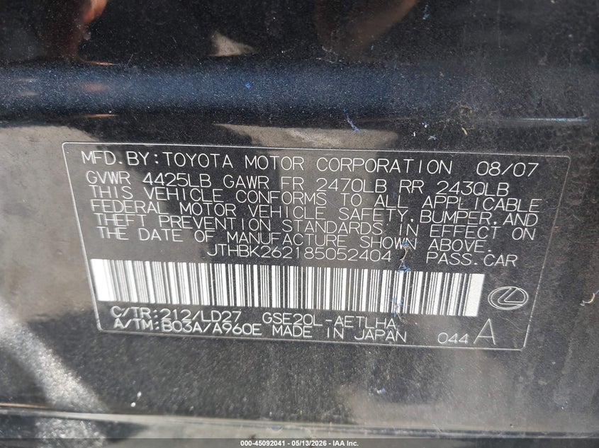 2008 Lexus Is VIN JTHBK262185052404 IAAI salvage auction — NORMAL WEAR, Clear (Virginia), sold $325 on 2026-07-14 (photo 9)