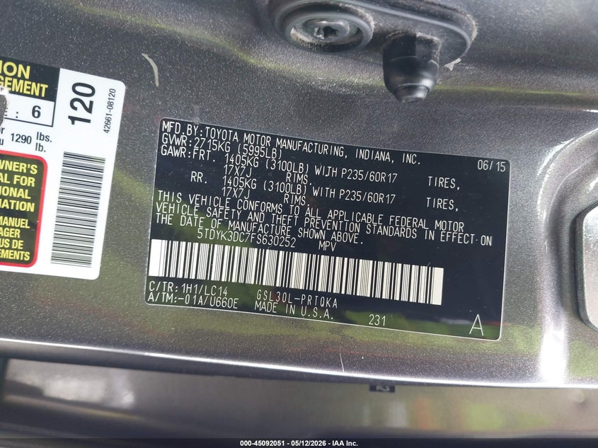 2015 Toyota Sienna VIN 5TDYK3DC7FS630252 IAAI salvage auction — FRONT END, Bill Of Sale (Washington), sold $2,450 on 2026-07-08 (photo 9)