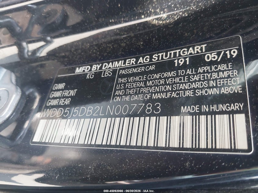2020 Mercedes-benz VIN WDD5J5DB2LN007783 IAAI salvage auction — FRONT END, Salvage Title, sold $500 on 2026-07-22 (photo 9)