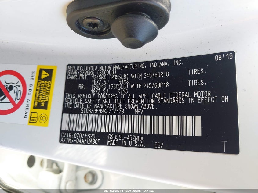 2019 Toyota Highlander VIN 5TDBZRFH9KS717478 IAAI salvage auction — RIGHT SIDE, Clear (Virginia), sold $6,950 on 2026-07-08 (photo 9)