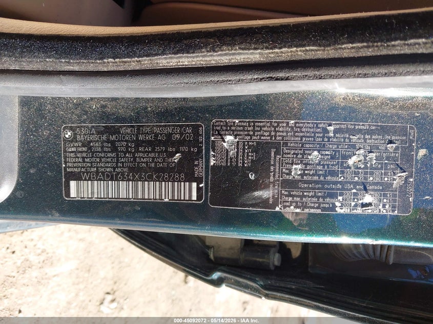 2003 BMW 5er VIN WBADT634X3CK28288 IAAI salvage auction — FRONT END, Clear (Indiana), sold $300 on 2026-07-07 (photo 9)