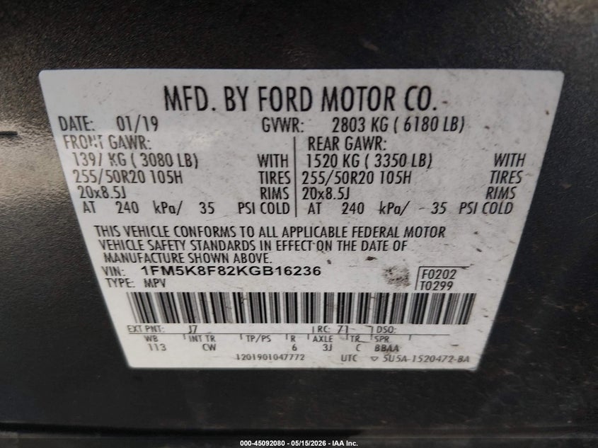 2019 Ford Explorer VIN 1FM5K8F82KGB16236 IAAI salvage auction — ROLLOVER, Salvage (West Virginia), sold $1,650 on 2026-07-20 (photo 9)