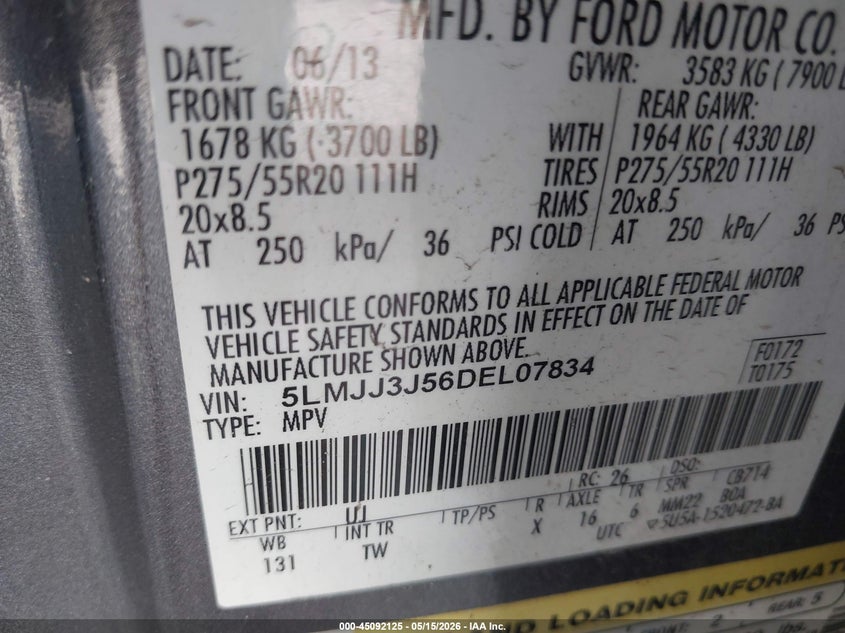 2013 Lincoln Navigator VIN 5LMJJ3J56DEL07834 IAAI salvage auction — FRONT END, Clear (Florida), sold $500 on 2026-07-21 (photo 9)