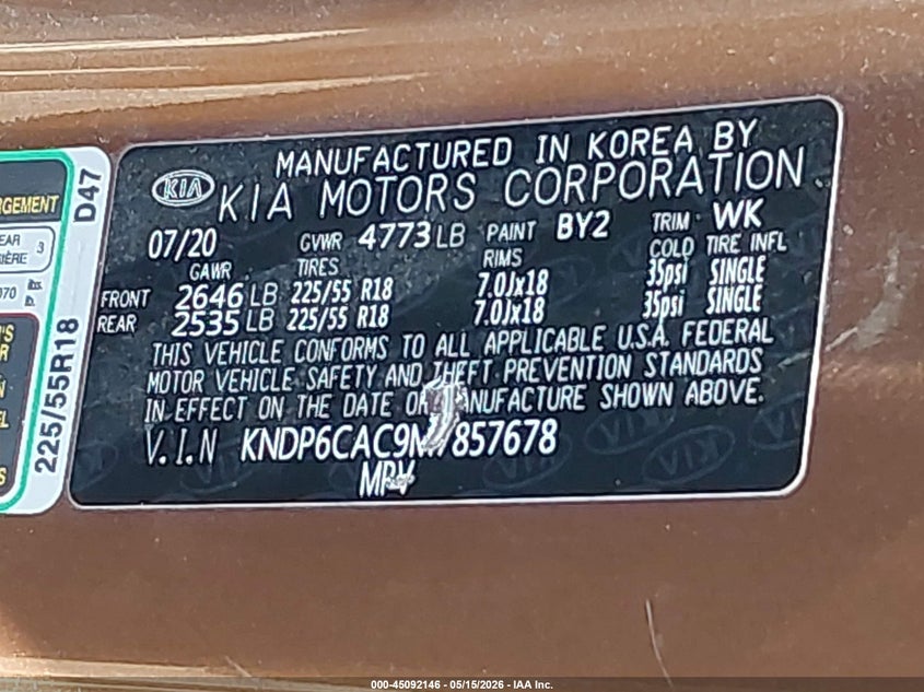 2021 Kia Sportage VIN KNDP6CAC9M7857678 IAAI salvage auction — HAIL, Salvage (Kansas), sold $5,825 on 2026-07-29 (photo 9)