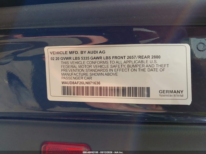 2020 Audi A6 VIN WAUD8AF26LN071636 IAAI salvage auction — HAIL, Salvage (Ohio), sold $10,900 on 2026-07-13 (photo 9)