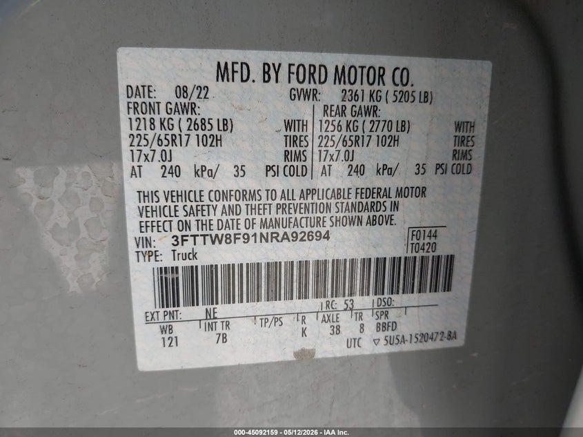 2022 Ford Maverick VIN 3FTTW8F91NRA92694 IAAI salvage auction — HAIL, Salvage Title, sold $12,900 on 2026-07-30 (photo 9)