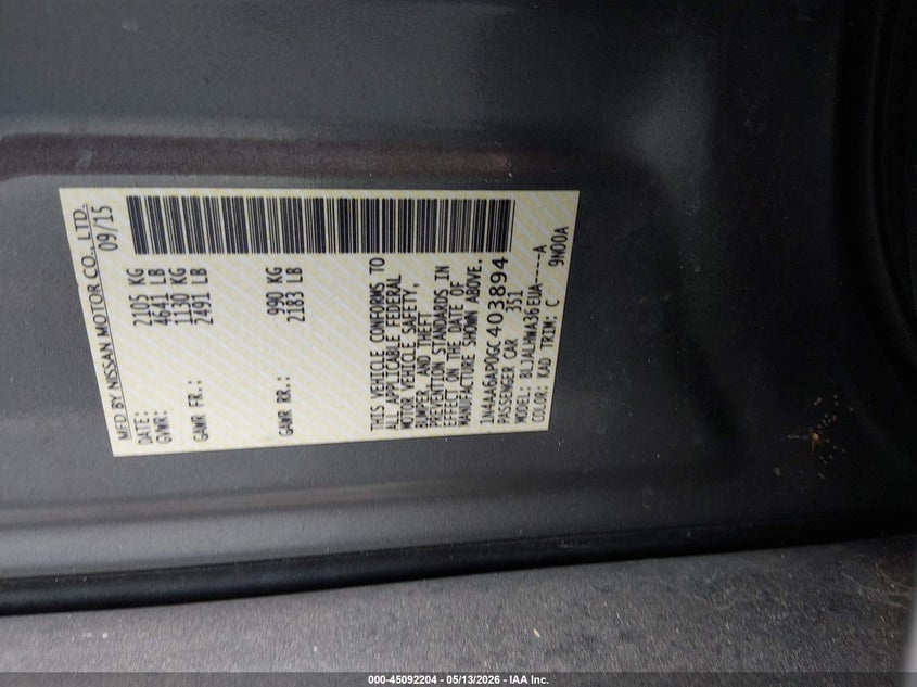 2016 Nissan Maxima VIN 1N4AA6AP0GC403894 IAAI salvage auction — FRONT END, Rebuildable (Florida), sold $1,400 on 2026-07-10 (photo 9)