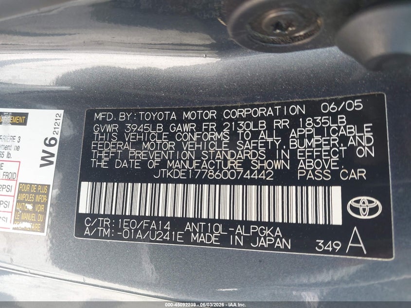 2006 Scion Tc VIN JTKDE177860074442 IAAI salvage auction — REAR END, Salvage (Georgia), sold $550 on 2026-07-23 (photo 9)