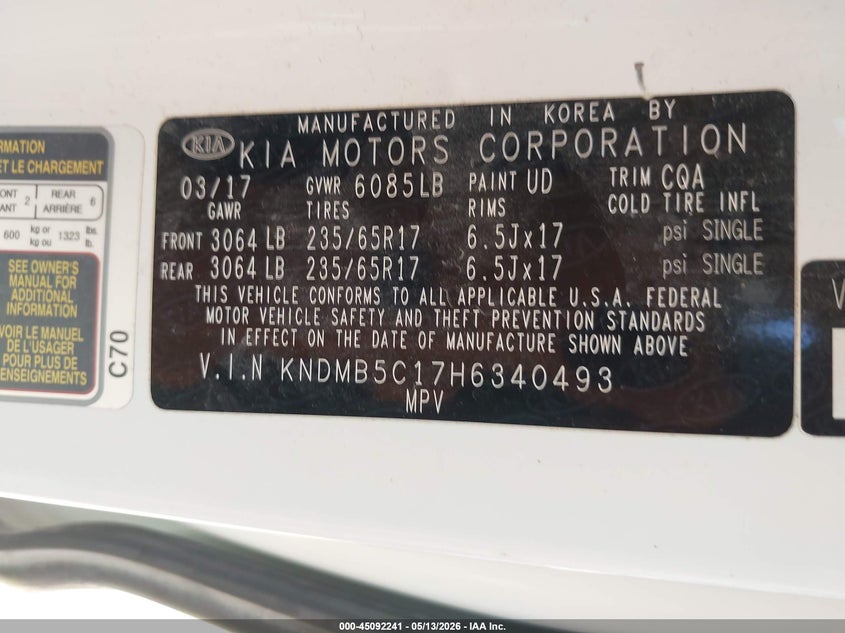 2017 Kia SEDONA VIN KNDMB5C17H6340493 IAAI salvage auction — SIDE, Salvage (Kansas), sold $1,900 on 2026-07-29 (photo 9)