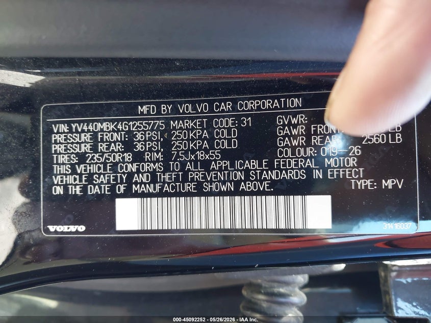 2016 Volvo Xc70 VIN YV440MBK4G1255775 IAAI salvage auction — FRONT & REAR, Clear (Massachusetts), sold $1,300 on 2026-07-31 (photo 9)