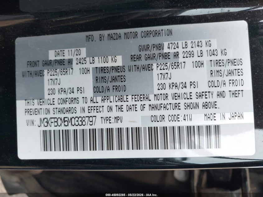 2021 Mazda Cx-5 VIN JM3KFBCM5M0338797 IAAI salvage auction — HAIL, Original (Texas), sold $5,700 on 2026-07-21 (photo 9)
