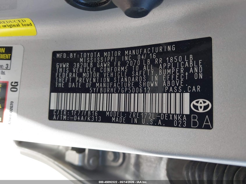 2016 Toyota Corolla VIN 5YFBURHE7GP500612 IAAI salvage auction — FRONT END, Salvage (Texas), sold $2,250 on 2026-07-23 (photo 9)