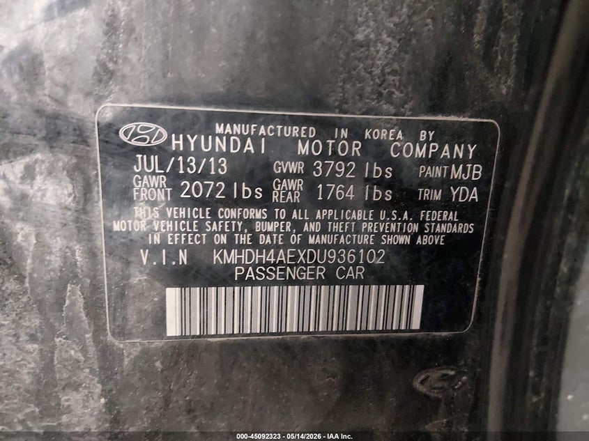 2013 Hyundai Elantra VIN KMHDH4AEXDU936102 IAAI salvage auction — NORMAL WEAR, Salvage (Montana), sold $425 on 2026-07-07 (photo 9)