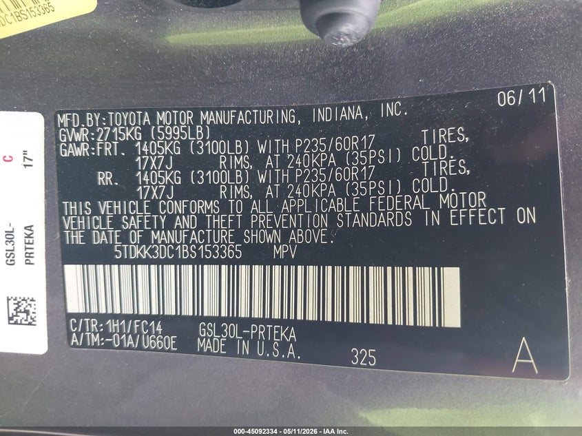2011 Toyota Sienna VIN 5TDKK3DC1BS153365 IAAI salvage auction — LEFT FRONT, Salvage (New Mexico), sold $4,050 on 2026-07-09 (photo 9)