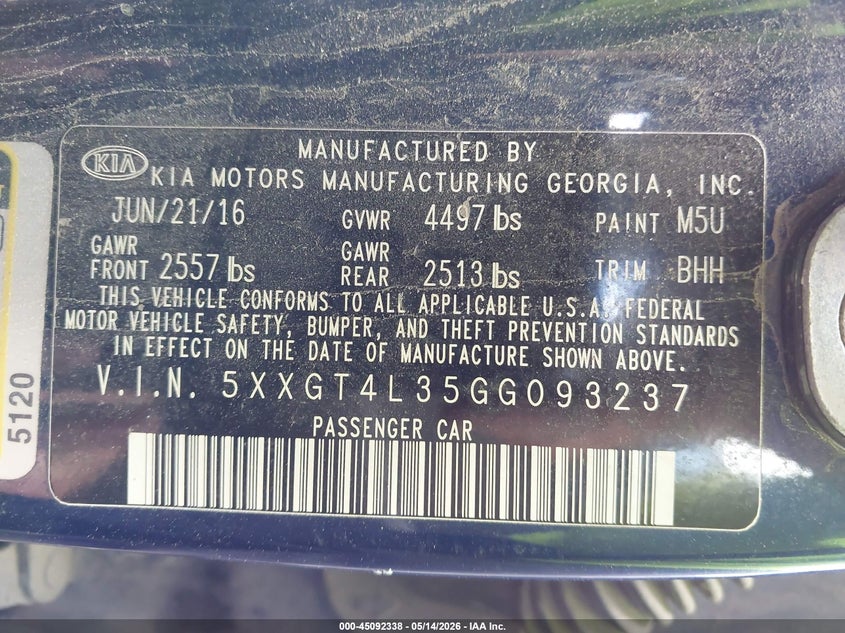 2016 Kia Optima VIN 5XXGT4L35GG093237 IAAI salvage auction — NORMAL WEAR, Clear (Montana), sold $850 on 2026-07-23 (photo 9)
