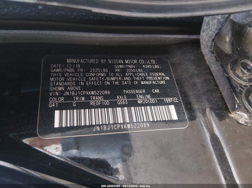 2019 Nissan Rogue VIN JN1BJ1CPXKW522089 IAAI salvage auction — HAIL, Clear (Missouri), sold $3,125 on 2026-07-23 (photo 9)