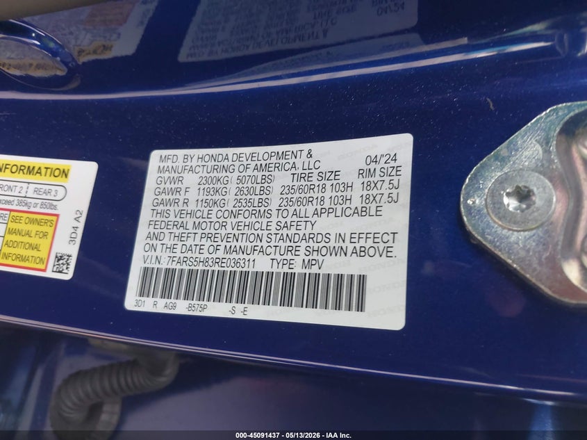 2024 Honda Cr-v VIN 7FARS5H83RE036311 IAAI salvage auction — FRONT END, Salvage (California), sold $4,325 on 2026-07-21 (photo 9)