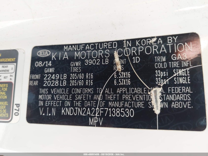 2015 Kia Soul VIN KNDJN2A22F7138530 IAAI salvage auction — NORMAL WEAR, Clear (Montana), sold $225 on 2026-07-22 (photo 9)