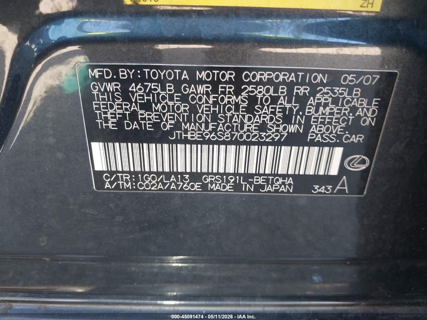 2007 Lexus Gs VIN JTHBE96S870023297 IAAI salvage auction — LEFT SIDE, Original (Texas), sold $25 on 2026-07-28 (photo 9)