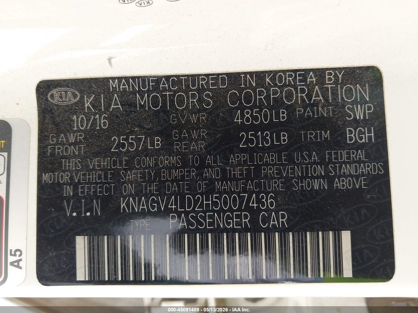 2017 Kia Optima VIN KNAGV4LD2H5007436 IAAI salvage auction — FRONT END, Original (Texas), sold $3,250 on 2026-07-11 (photo 9)