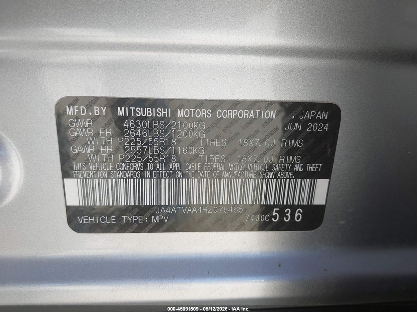 2024 Mitsubishi Eclipse cross VIN JA4ATVAA4RZ079465 IAAI salvage auction — HAIL, Original (Texas), sold $7,700 on 2026-08-31 (photo 9)