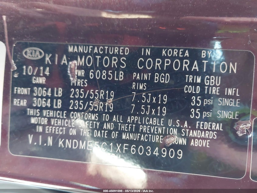 2015 Kia SEDONA VIN KNDME5C1XF6034909 IAAI salvage auction — HAIL, Original (Texas), sold $4,025 on 2026-07-29 (photo 9)