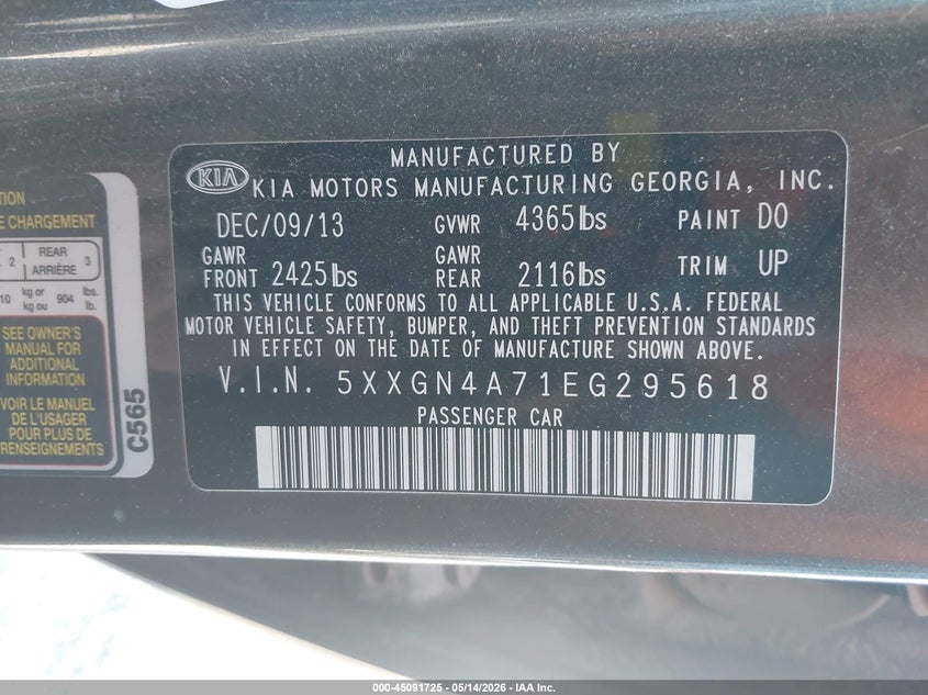 2014 Kia Optima VIN 5XXGN4A71EG295618 IAAI salvage auction — HAIL, Salvage (Missouri), sold $550 on 2026-07-06 (photo 9)