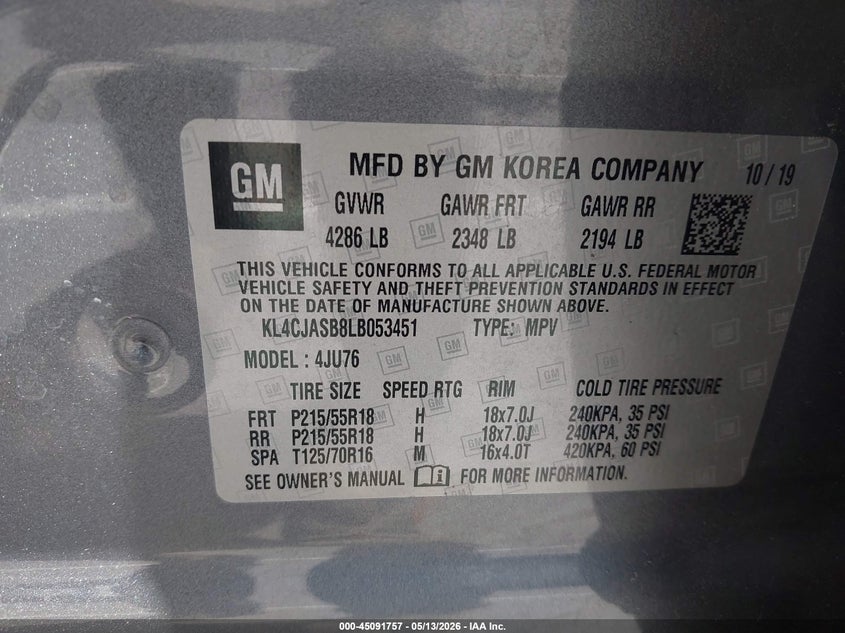 2020 Buick Encore VIN KL4CJASB8LB053451 IAAI salvage auction — RIGHT SIDE, Salvage (North Carolina), sold $2,525 on 2026-07-15 (photo 9)