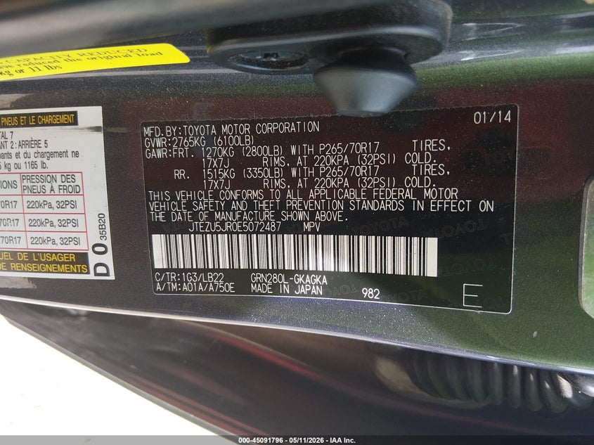 2014 Toyota 4runner VIN JTEZU5JR0E5072487 IAAI salvage auction — REAR END, Salvage (Alabama), sold $8,000 on 2026-07-09 (photo 9)