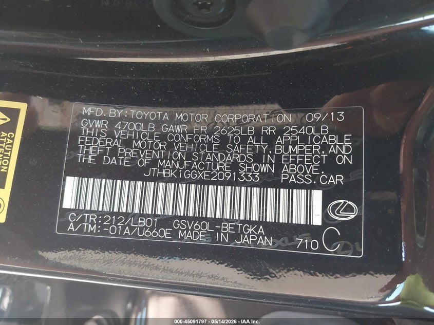 2014 Lexus ES VIN JTHBK1GGXE2091333 IAAI salvage auction — LEFT SIDE, Original (Texas), sold $4,400 on 2026-07-30 (photo 9)