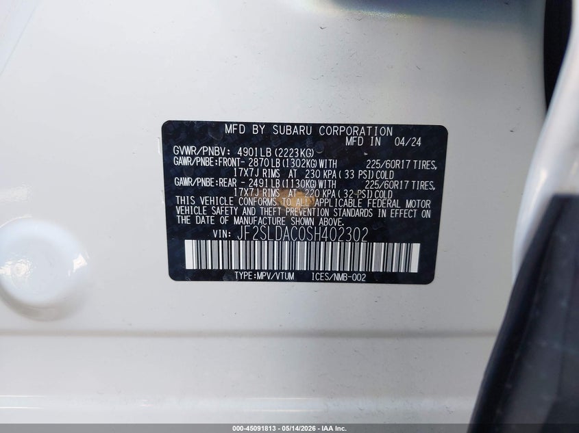 2025 Subaru Forester VIN JF2SLDAC0SH402302 IAAI salvage auction — FRONT END, Salvage (Indiana), sold $2,000 on 2026-07-07 (photo 9)