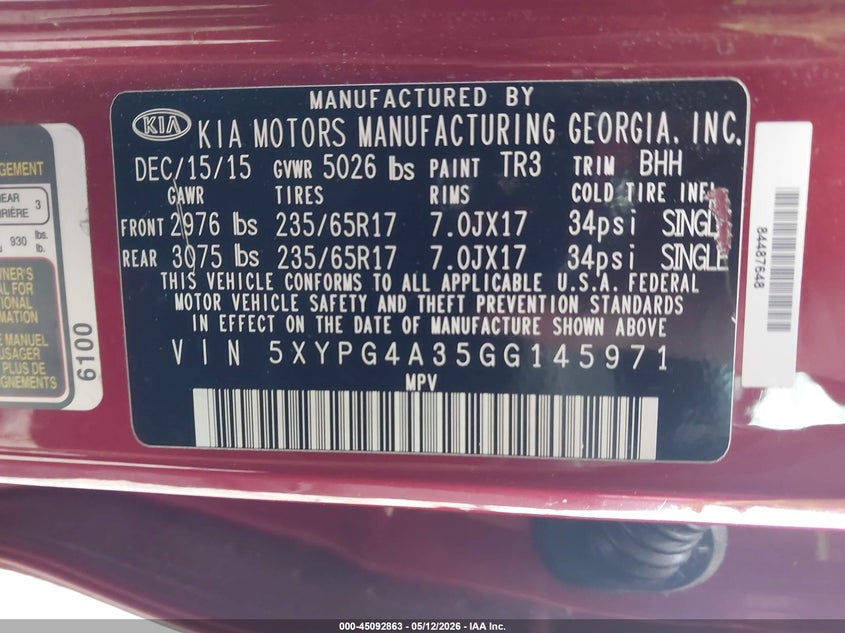 2016 Kia Sorento VIN 5XYPG4A35GG145971 IAAI salvage auction — FRONT END, Salvage (South Carolina), sold $2,100 on 2026-07-08 (photo 9)