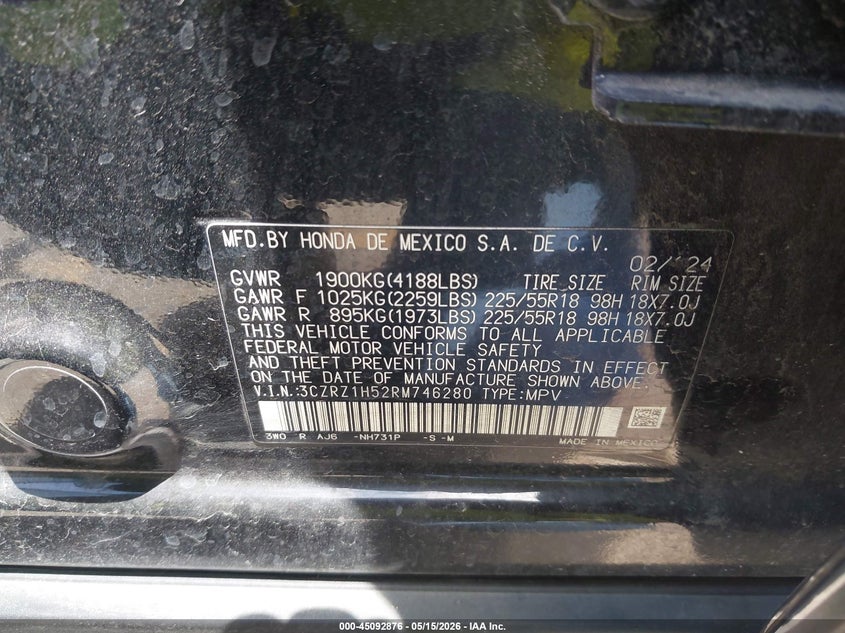 2024 Honda Hr-v VIN 3CZRZ1H52RM746280 IAAI salvage auction — RIGHT FRONT, Original (Texas), sold $8,575 on 2026-07-29 (photo 9)
