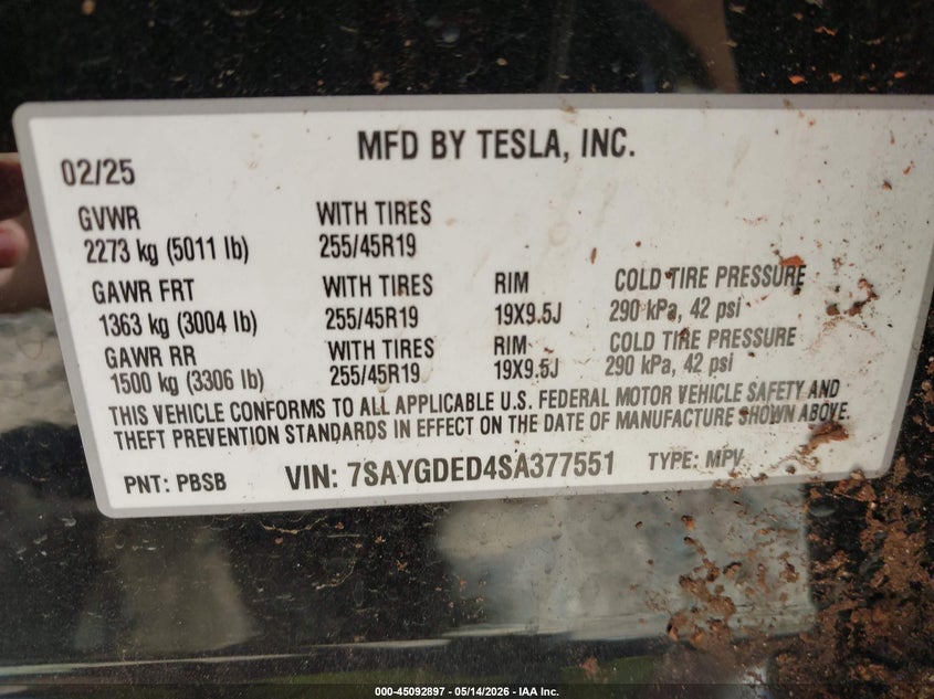 2025 Tesla Model y VIN 7SAYGDED4SA377551 IAAI salvage auction — REAR END, Salvage (North Carolina), sold $12,200 on 2026-07-16 (photo 9)