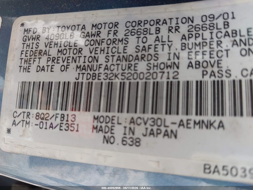 2002 Toyota Camry VIN JTDBE32K520020712 IAAI salvage auction — FRONT END, Mv-907A (New York), sold $250 on 2026-07-14 (photo 9)