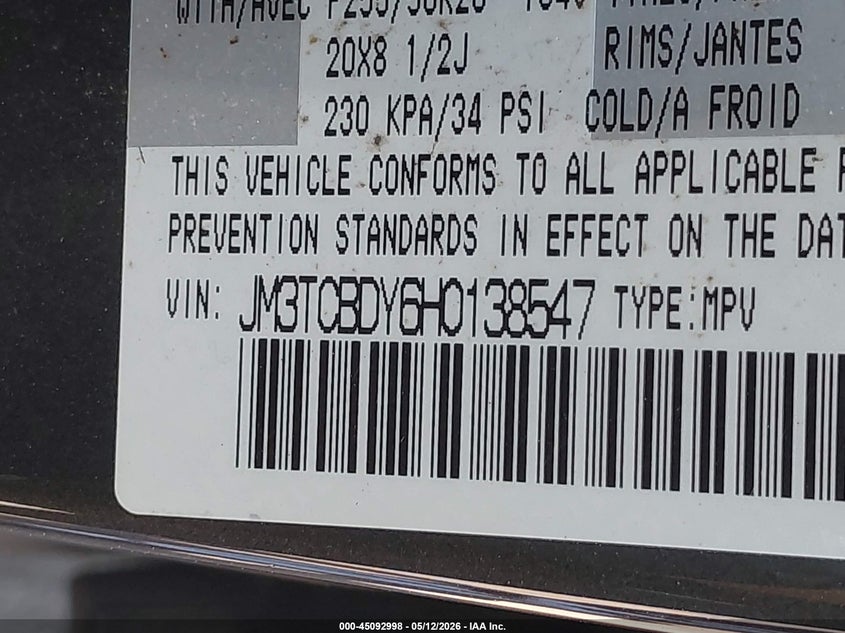 2017 Mazda Cx-9 VIN JM3TCBDY6H0138547 IAAI salvage auction — FRONT END, Salvage - 75% Or Less (Maryland), sold $3,050 on 2026-07-21 (photo 9)
