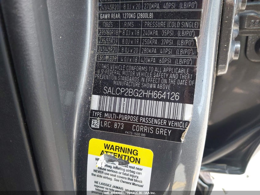 2017 Land rover Discovery sport VIN SALCP2BG2HH664126 IAAI salvage auction — REAR END, Salvage (Georgia), sold $2,100 on 2026-07-15 (photo 9)