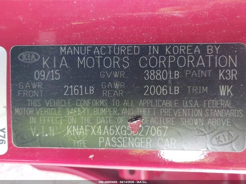 2016 Kia Forte VIN KNAFX4A6XG5527067 IAAI salvage auction — FRONT END, Salvage Title, sold $600 on 2026-08-01 (photo 9)