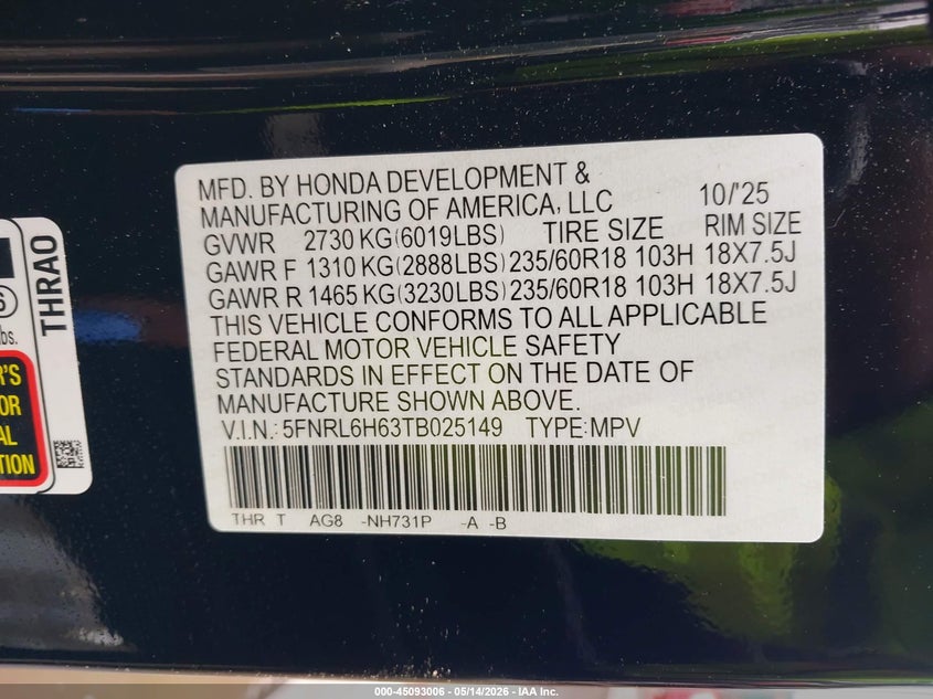 2026 Honda Odyssey VIN 5FNRL6H63TB025149 IAAI salvage auction — LEFT REAR, Salvage - Greater Than 75% (Maryland), sold $20,050 on 2026-07-09 (photo 9)