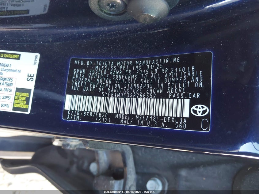 2025 Toyota Corolla VIN 5YFB4MDE3SP266552 IAAI salvage auction — HAIL, Original (Texas), sold $11,800 on 2026-07-28 (photo 9)
