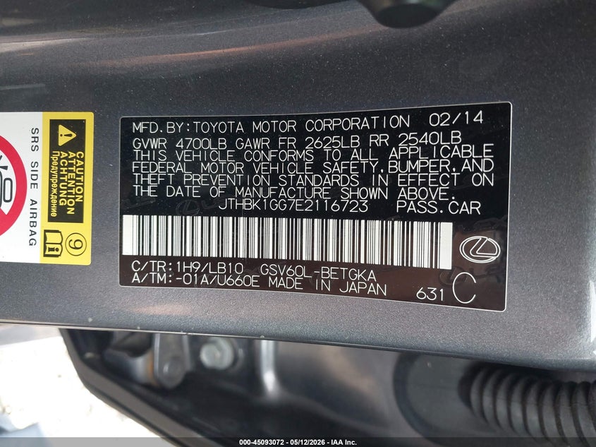 2014 Lexus ES VIN JTHBK1GG7E2116723 IAAI salvage auction — LEFT SIDE, Salvage (North Carolina), sold $3,200 on 2026-07-15 (photo 9)