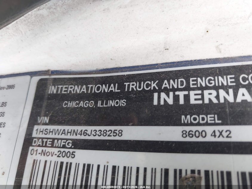 2006 International 8000 series VIN 1HSHWAHN46J338258 IAAI salvage auction — UNKNOWN, Clear (New Jersey), sold $2,650 on 2026-07-07 (photo 8)