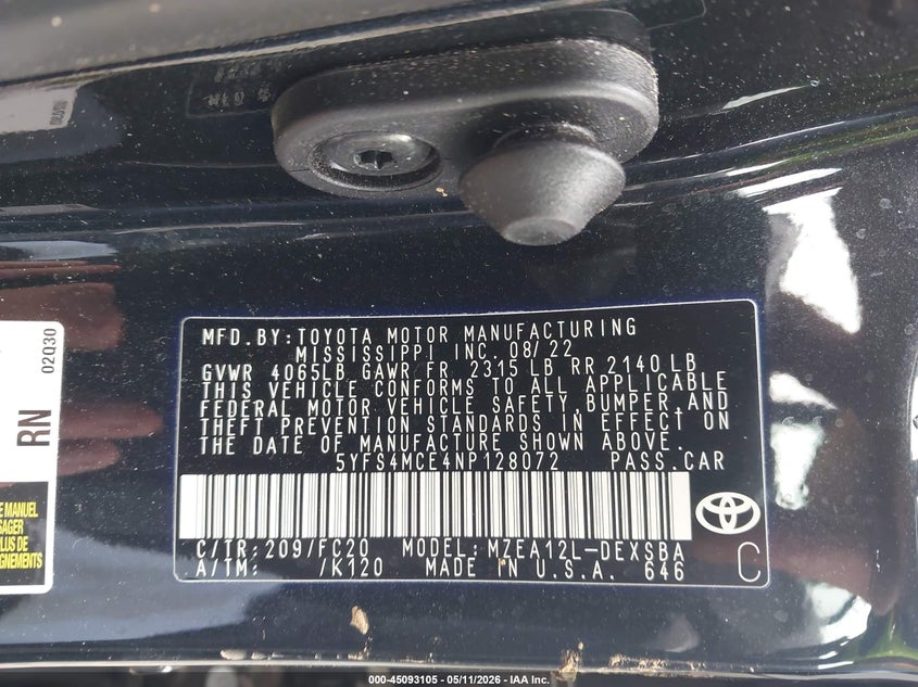 2022 Toyota Corolla VIN 5YFS4MCE4NP128072 IAAI salvage auction — FRONT & REAR, Salvage (Virginia), sold $2,500 on 2026-07-07 (photo 9)